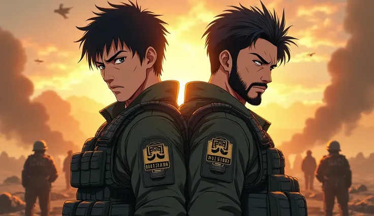 "Create a highly-detailed action movie poster featuring two muscular, anime-style determined soldiers standing back-to-back. Both anime soldiers are clad in tactical military gear, with the sunset casting a dramatic golden glow over the battlefield. The ti...