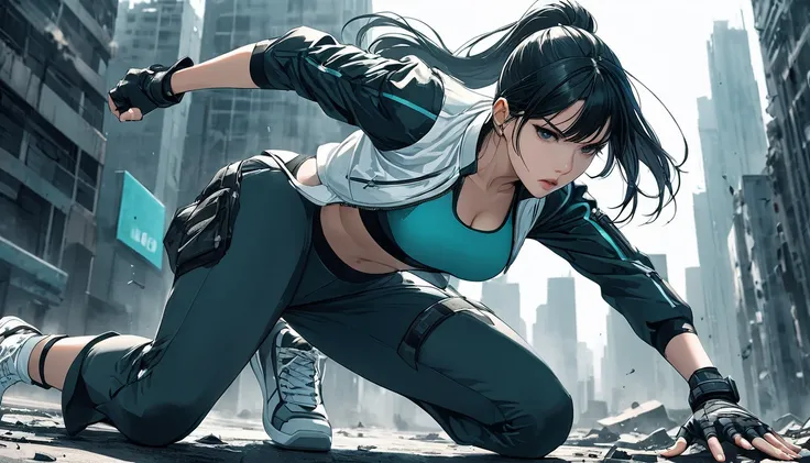 Neo-noir futuristic art style, semi-realistic anime style, a confident and agile woman in a superhero landing pose, captured from a low angle, focusing on her legs and upward to her expressive face. One knee bent on the ground, the other leg extended back ...