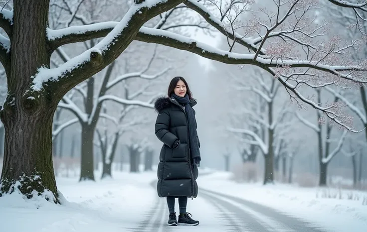  Beautiful Korean woman in her 50s  .  Wearing a coat and sweater in the winter forest . Im wearing a scarf .  Snow piled up on a large maple tree with curved branches.  Standing under an old maple tree  .  A really beautiful Korean woman in her 50s wearin...