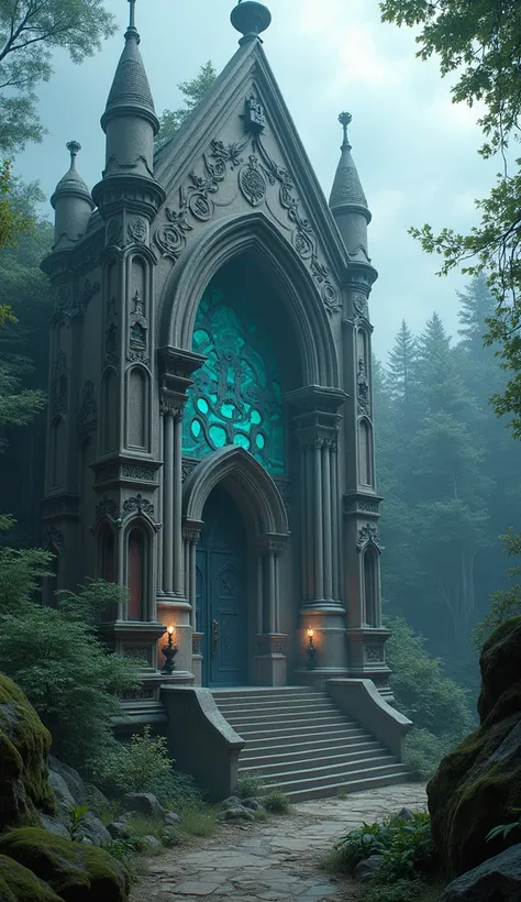 A fantastical depiction of a lost temple with a European Gothic architectural style blended with steampunk and futuristic elements. The temple is surrounded by an overgrown forest, with intricate metallic gears and pipes integrated into the structure, glow...