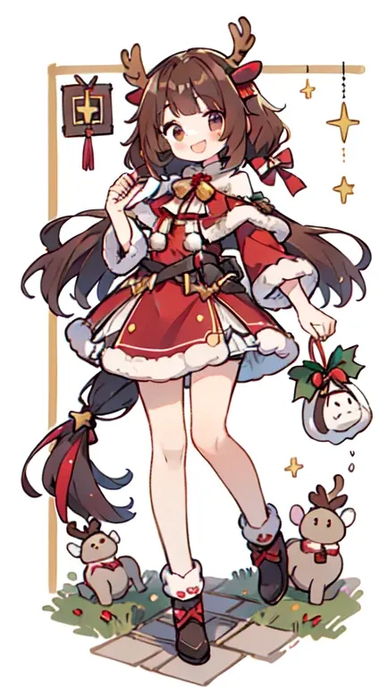 1 girl in、((FULL-BODY ESBIAN、 standing image :1.2)), first-class、masterpiece、 long brown hair, long hair, ((Two knots)),  reindeer antler , red Santa Claus costume , A smile、A smile that opens its mouth a little、