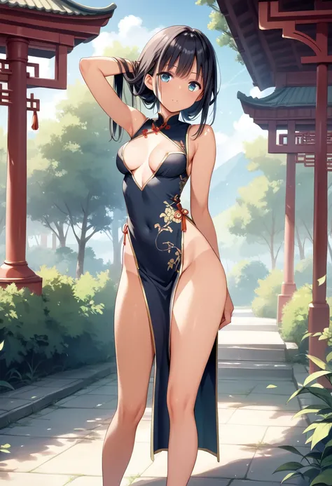 masterpiece, best quality, delicate illustration, ultra detailed skin, yuuki mikan, (1girl:1.2), solo, tan, Black Hair, medium breasts, (china dress), (no bra:1.3), (no panties:1.2), midsummer,  (active:1.2), (love juice), outdoor, (Exhibitionist:1.2)