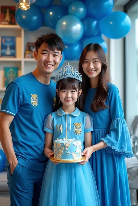 displays a very detailed original photo, a Korean-looking girl, long hair with bangs with a blue ribbon crown, blue dress with a blue and white Persib motif, standing like an OOTD model, celebrating her birthday, holding a birthday cake with a blue Persib ...