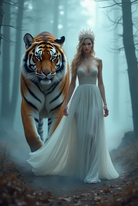 Realistic portrait of a princess-clad woman wearing a white dress and wearing a crown on her head walking alongside an enormous tiger in a misty forest atmosphere shrouded in a magical blue mist