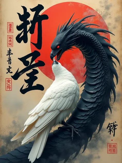 Realistic poster, black scaled snake with red eyes, fighting white feathered crow, with Japanese writing background, that is "Fire is a cold fire that burns boiling water」