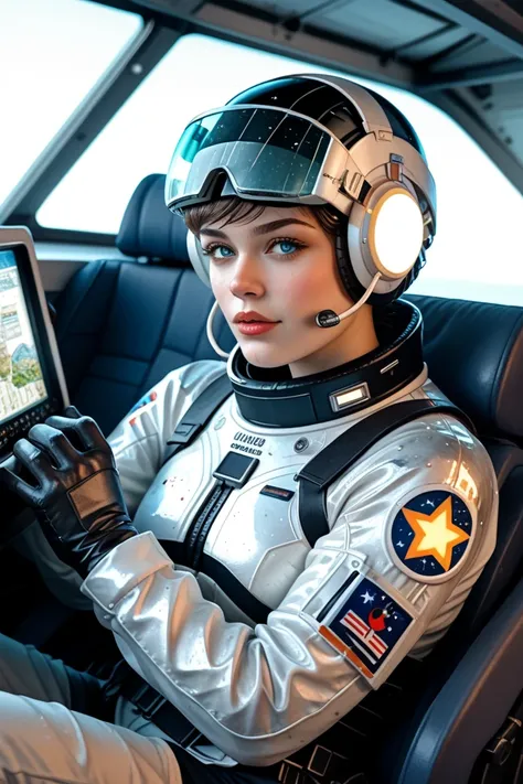 Create a hand-drawn watercolor and ink-style illustration of a boy and a girl in realistic space mission suits, seated properly inside the cockpit of a glowing, futuristic spaceship. The boy sits directly behind the girl, both wearing full-body space suits...