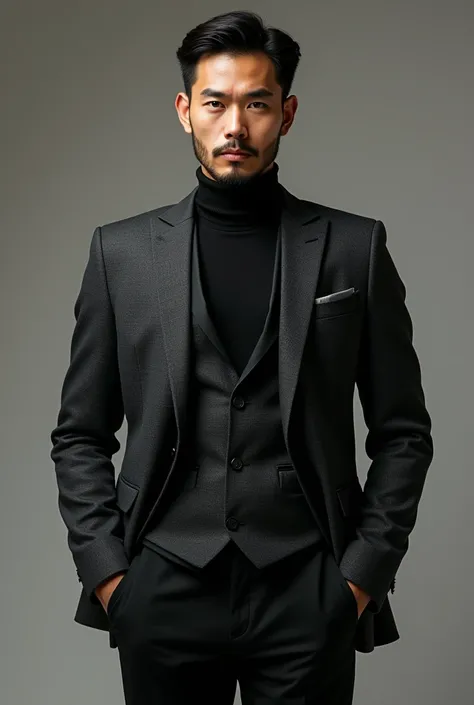 (photorealism:1.2),a man with charcoal grey blazer with black high neck and black  pant