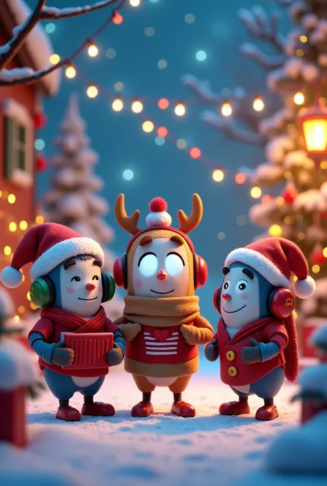 Create a Pixar-style cover of three characters that are modern cell phones with an impressive visual design.  These three characters are celebrating Christmas 