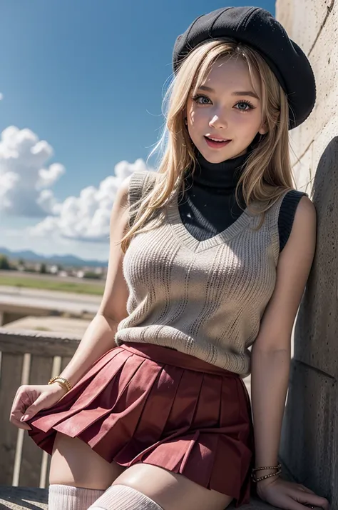 gonzarez, masterpiece, Serenaj, 1girl, grey headwear, solo, jewelry, thighhighs, sleeveless turtleneck, turtleneck, skirt, smile, sweater vest, blonde hair, hat, blue eyes, sleeveless, open mouth, eyelashes, vest, blush, bangs, breasts, medium hair, bracel...