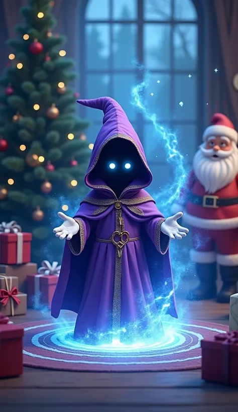  Wizard chibi version in purple robe , dark face ,  you can only see white eyes and purple cape,  with magic circle , reading a magic book, What do fire-blue colored souls come out, Christmas decorations,  Christmas tree ,  gifts and Santa Claus 