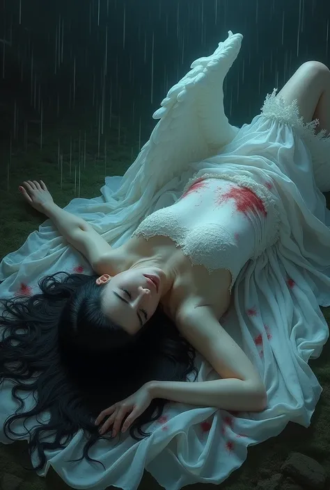 Woman with closed eyes long black hair curly white dress falls fainted on the floor with wings on her back bruised with blood at night raining water 