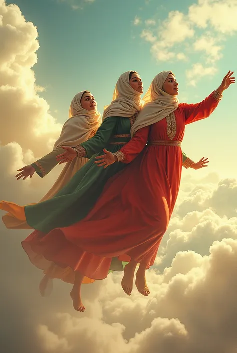 Three Palestinian  in Palestine dress . fly with feathers in the sky with Palestinian keffiyeh 