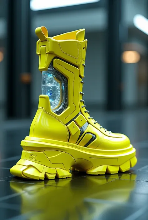 Image and design of a shoe high boot thick sole platform style cyber android robots futuristic hyperrealistic latest model with a transparent air capsule inside model mxm 9000 flash air color in futuristic yellow with thick sole transparent platform 