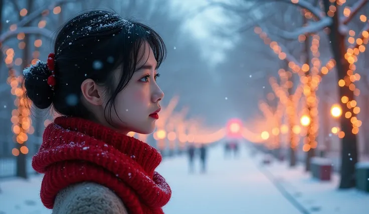 A young beautiful Japanese woman wearing a red scarf、Side view staring at a park decorated with colorful Christmas illuminations in the distance in the snow。