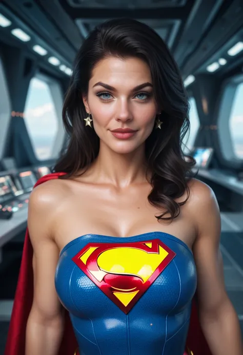 Supergirl and Wonder Woman pilot a sleek spaceship, dodging asteroid fields and pursuing enemy crafts.