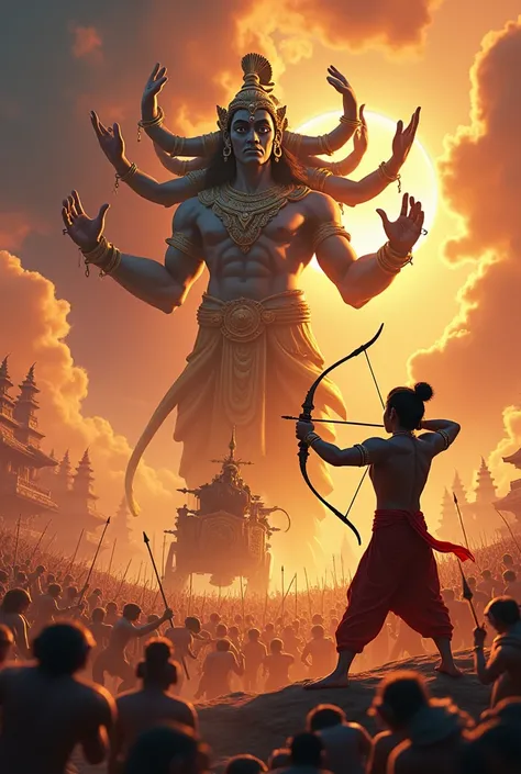 In cinematic 3D cartoon style Depict a powerful and divine moment from the Ramayana. Lord Rama, an embodiment of calm strength, stands tall, aiming his bow and arrow toward Ravana, the demon king, who looms with his ten heads and twenty arms, radiating men...