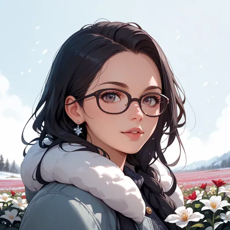 Under the winter season，A girl with dark hair and glasses smiles，On the side of a flower field ，Show half body