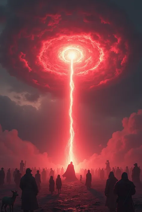 A storm circled in the sky and then a large beam of red mixed with black light came out of the sky and fell onto the ground far away. There were many warriors, people, animals and demons standing far away watching the beam of light. Just like in a real fig...