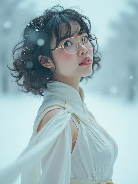 dynamic Angle, a Japanese woman, Blurred background, White world, Fantasy, Bokeh, Chromatic aberration, Knee high, Looking up, Bokeh, Photo_Curly, cosplay from "White ninja", Real, Solo, Horizon, Model like, Imperfect detail, Shot with Leica, analog, 35mm:...