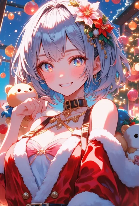  1 girl , ( Christmas) chest,  Hololive like characters,ｖTuber-like characters , bear shoulder sighted ,  Silver Hair,straight shaggy bob , chest,  clevis on a stone, clavicle, (( from the front)), flower,  hair flower, Head ornament,  Santa Claus cosplay,...