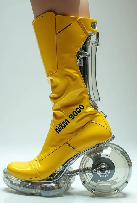 Image and design of a shoe high boot thick sole transparent platform style cyber android robotic futuristic hyperrealistic latest model with a transparent air capsule inside model mxm 9000 flash air color in futuristic yellow with thick sole transparent pl...