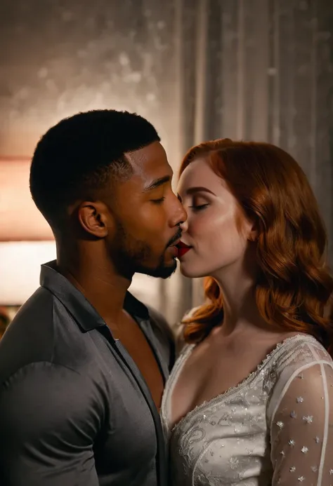 Caucasian actress Camryn Grimes as Barbara Gordon and African American actor Michael B. Jordan as Luke Fox, both from DC Comics, share a steamy and passionate kiss inside a bedroom lit only by candlelight. Both look happy and in love with each other. Both ...