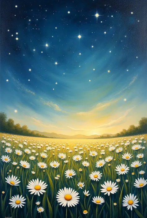 A field of daisies under the starry night made of oil