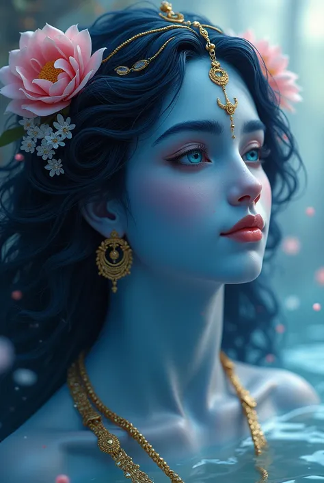 A fantasy-inspired, lord Krishna beautiful image, serene and ethereal portrait of a blue-skinned divine figure with deep, glowing blue eyes. The figure is surrounded by flowing dark hair adorned with golden ornaments and delicate pink flowers, gently illum...