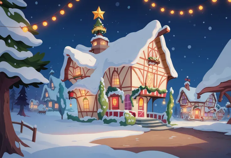 a christmas scene with a christmas tree and a santa clause, christmas night, snowy winter christmas night, a bustling magical town, santas workshop, magical village, holiday season, wimmelbild, cosy enchanted scene, under the silent night sky, very wow, ch...