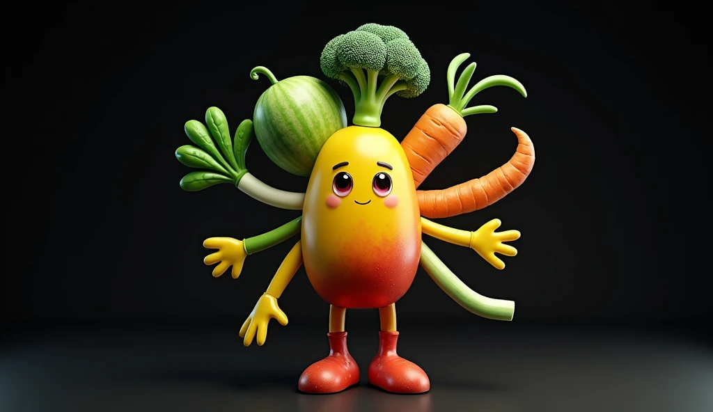 make a cute type  chili,leek,cabbage,avocado,carrot,brokoli,watermellon,mango.with extra hands and feet as well as a cute costume, with a plain black background