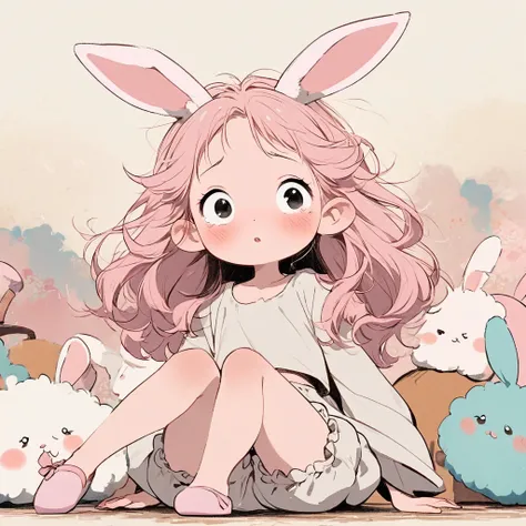 A character design inspired by Japanese anime style. A pink-haired bunny girl with fluffy rabbit ears is sitting on the floor with a distressed and teary expression. She is wearing white,full lips,pink skin,black eyes, fluffy, textured bloomers and a soft,...