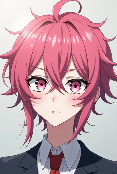  Make an animated anime-like character similar to Roz de Lojart,  but he has pink hair cut jellyfish , pale white skin, He is a teenage boy ,  has pastel pink eyes to darker pink ,  has medium-long eyelashes ,  white teeth with school uniform .  He is shy ...