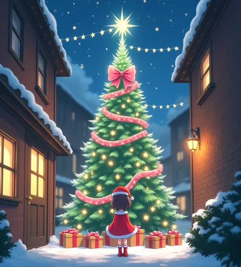 ANIME SHORT ALLEY MIDDLE-HAIRED GIRL WEARING A SANTA CLAUS DRESS, WITH A LARGE CHRISTMAS TREE ADORNED WITH A BEAUTIFUL PINK BACK, DECORATED WITH SHIMMERING STARS, CHRISTMAS ATMOSPHERE.