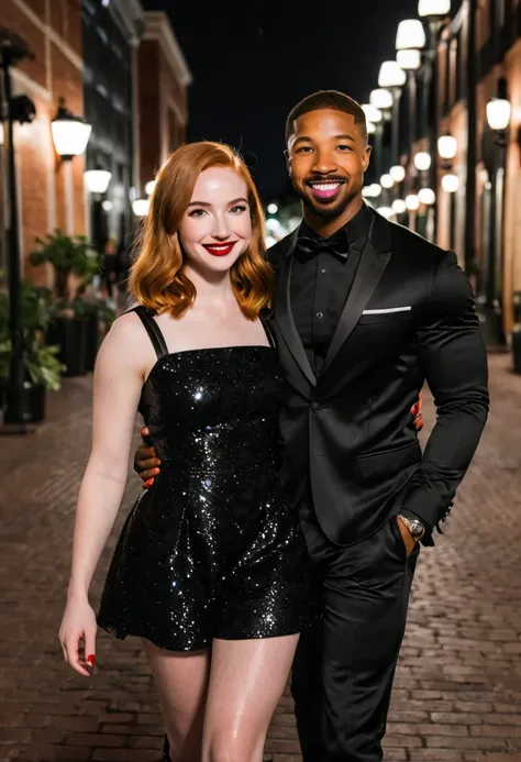 A full shot of Caucasian actress Camryn Grimes as Barbara Gordon and African American actor Michael B. Jordan as Luke Fox, both from DC Comics, enjoying an evening stroll. Both are smiling. Both look happy and in love with each other. Both are attired attr...