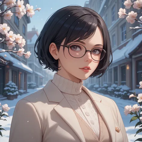 Under the winter season， on the lace {x} a girl with short black hair wearing glasses smiles，Flowers on the edge ， showing full upper body， business-style 