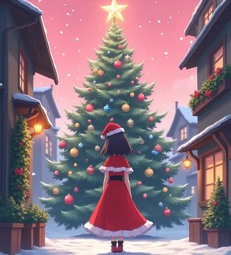 ANIME SHORT ALLEY MIDDLE-HAIRED GIRL WEARING A HALFWAY SANTA CLAUS DRESS, WITH A LARGE CHRISTMAS TREE ADORNED WITH A BEAUTIFUL PINK BACKGROUND DECORATED WITH SHIMMERING STARS, A CHRISTMAS ATMOSPHERE.