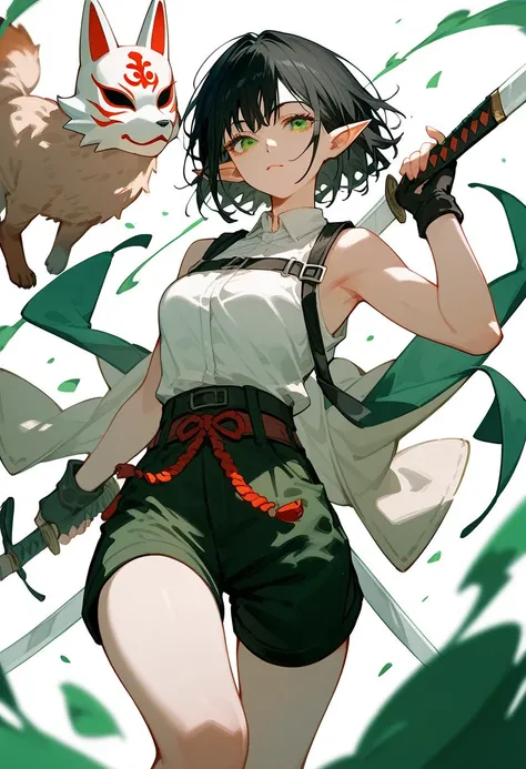 Elf Girl,Wearing a fox mask,Black hair,Pointed ears, chainsaw art, White Sleeveless Top, Shorts,Multiple Belts ,Short hair, in green eyes ,sword