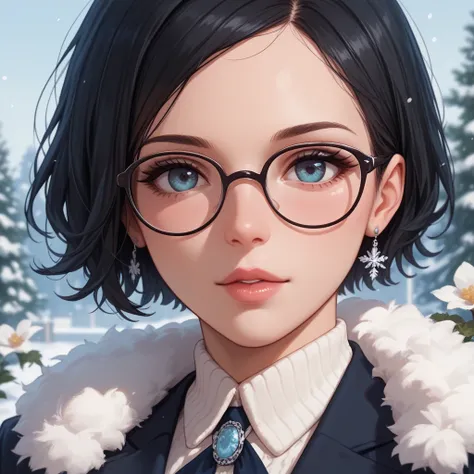 winter， A girl with short black hair and glasses smiles，Flowers on the edge ，Close up view showing the whole body，Business-friendly 