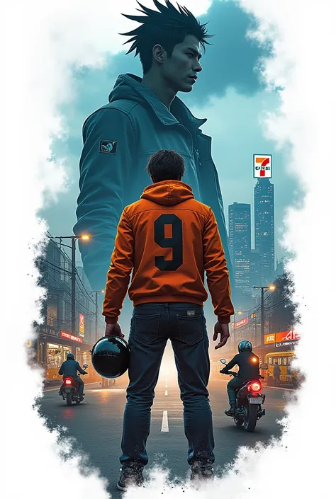 Bangkok in Final Fantasy vivid night theme, quadruple exposure, as logo, featuring main protagonist wearing orange sleeveless jacket with big bold number on back side, weaponless, holding a bike helmet, add some "7-11" a minimart, smoke, airplane, an old b...