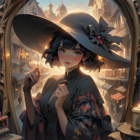 Use magic with an oval mirror  、Large mirror、woman wearing a big hat 、Traveler、 dark eyes、 black short hair