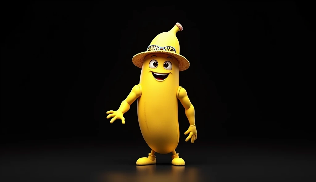 make a cute type of banana with extra hands and feet as well as a cute costume with a summer theme, with a plain black background