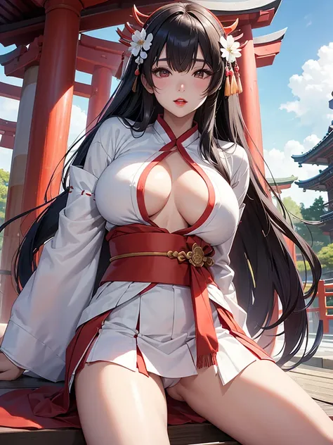  opening my crotch wide, straddling a man, and inserting my penis from below,Japanese Mythology、Inari、goddess、A white shrine maiden outfit arranged as a miniskirt、 long dark hair 、 white skin、 red lips、shrine、 Big Breasts ,