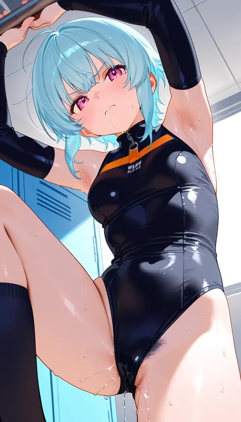  Smooth and Tight   ,     Beautiful skin ,, Backstreets、    calm 、 locker room、 black leotard、whole body、 from below、 drool 、saliva、   low angle、  between 、    Model Body Type   、   squat、 light blue hair、 shortcuts、 sweaty、 grumpy face、 orgasm、 black pubi...