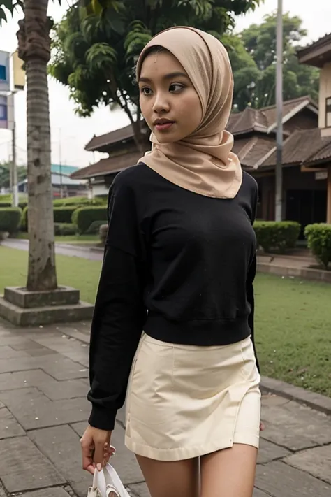 An Indonesian sweet beautiful young college girl, slim body, preety georgeus face, about twenty years old, descent mixed from sundanese and malay,   walking cheerful on Bogor city side walk in the morning, wearing ordinary clothes like normal Indonesian mu...