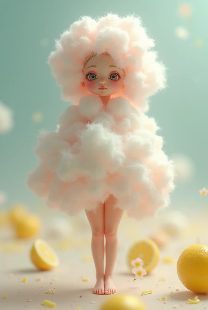 A small girl creature made of cotton candy with lemon flavor completely naked with a long line a feminine appearance with big boobs