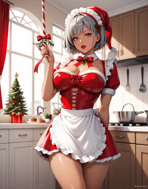 score_9, score_8_up, score_7_up, high definition, 1 woman, beautiful, solo, skin tan, red eyes, grey hair, short hair, red lipstick, body curvy, big breasts, slender waist, thin abdomen, big thighs, defined legs, christmas_maid, santa_hat, waist maid, cors...