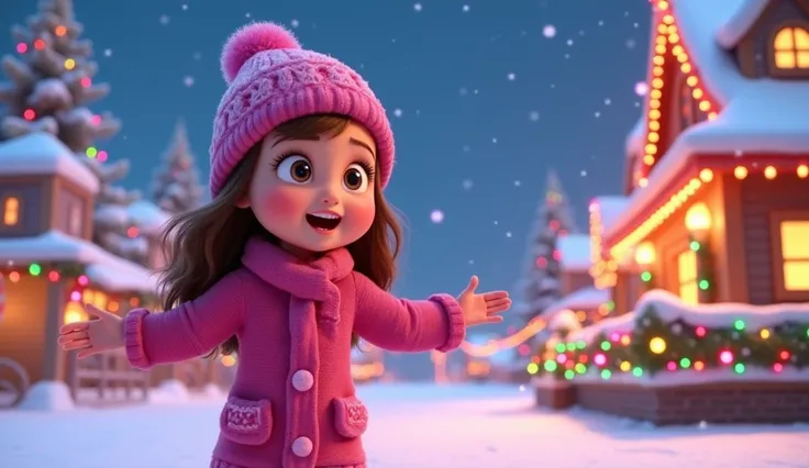 This image shows a young animated girl in a winter scene. She is dressed warmly in a bright pink outfit, including a cozy knit hat, matching jacket, and scarf with festive patterns. She stands cheerfully in the snow with her arms out, looking surprised or ...