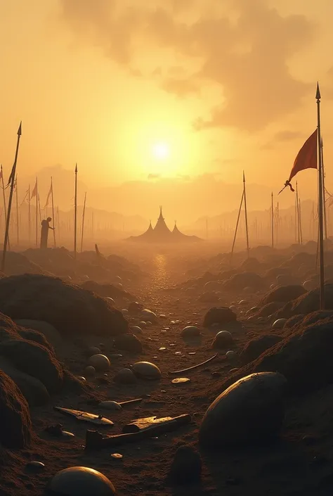 "A vast, dusty battlefield at dawn with a hazy sky. The ground is littered with broken shields, armor, and weapons. In the distance, the silhouette of an army camp can be seen, surrounded by tents. The atmosphere is tense, with a feeling of an epic battle ...