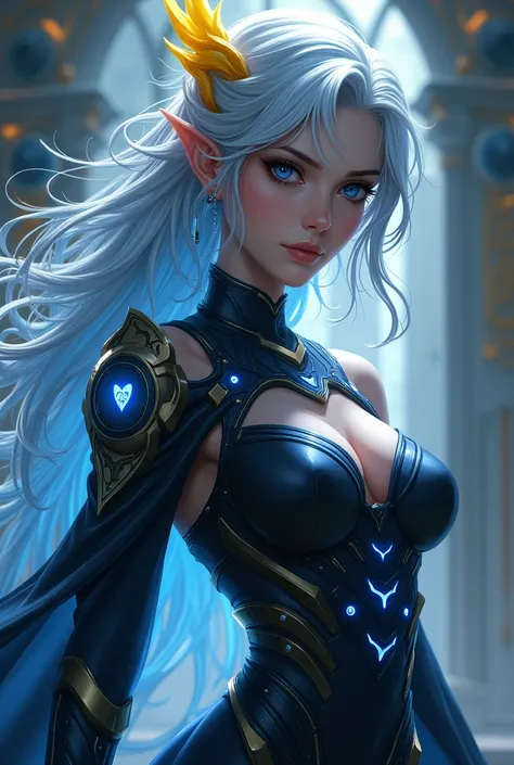 (arcane style :  League of Legends ), Female gender, silver hair that shines like stars .  The dress is a mix of black leather and luminous circuits , , highlighting blue eyes and a distinctive yellow tuft that falls on the forehead