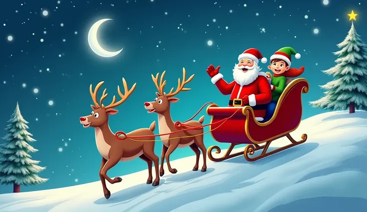 This image showcases Santa Claus riding his festive red sleigh, being pulled by three cheerful reindeer in a snowy, magical winter landscape. Snowflakes are gently falling under the starry night sky, and pine trees dusted with snow add to the enchanting sc...